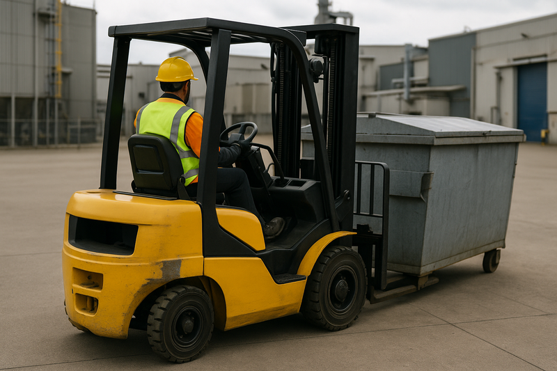 Staplerfahrer mit Schutzausrüstung, von hinten auf Stapler, der einen müllcontainer auf einem industriegelände transportiert
